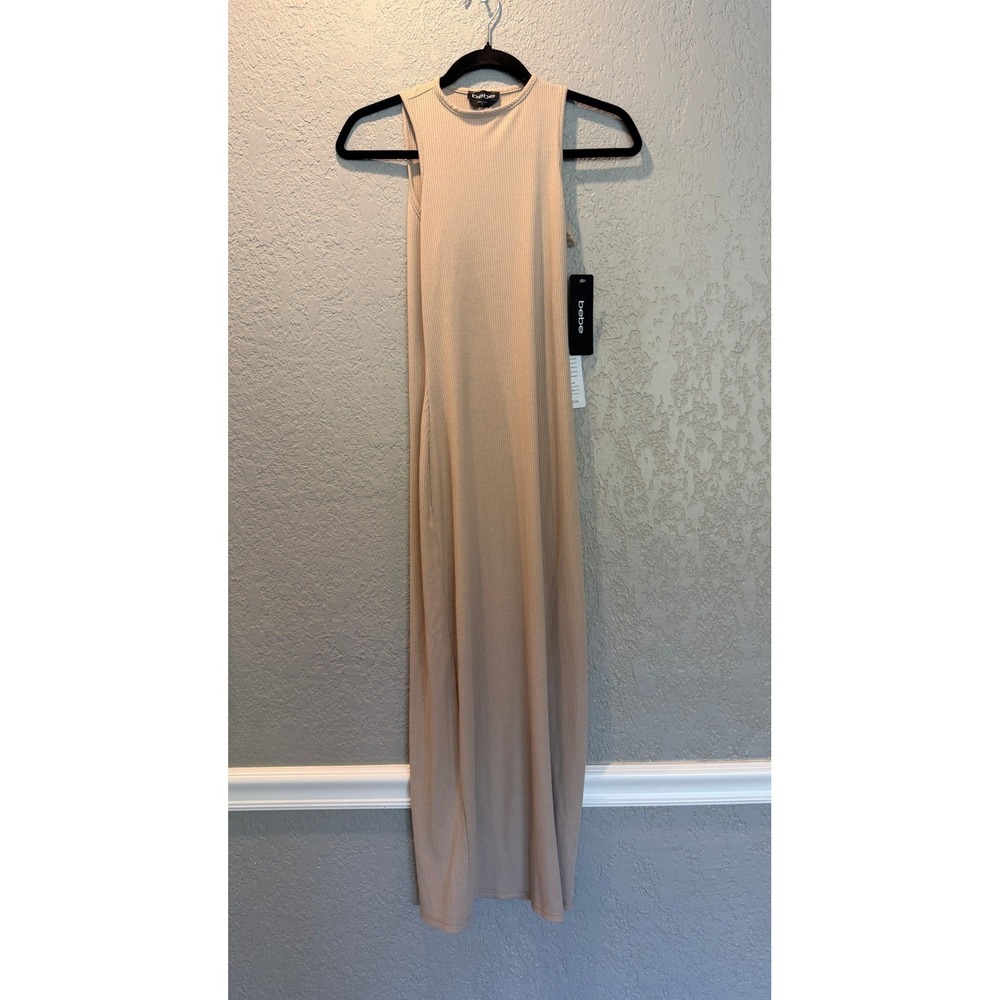 Bebe Womens Ribbed Knit Maxi Dress Tan Sleeveless Crew Neck 703735MR XS NEW